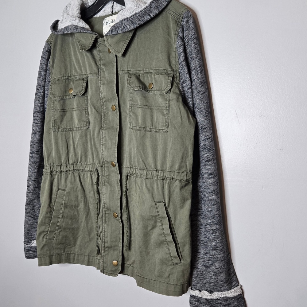 Mudd Olive Green Utility Anorak Jacket XL Gray Knit Sleeve Hoodie Military Indie - Picture 7 of 8